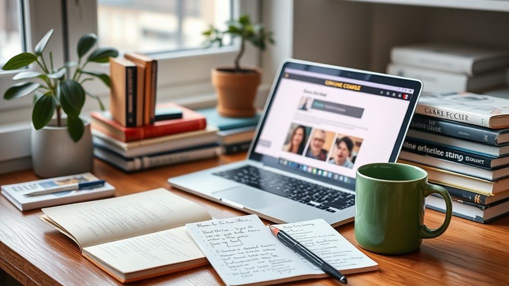 A desk with laptop, notebook, books showing that working from home requires key remote work skills to be successful.