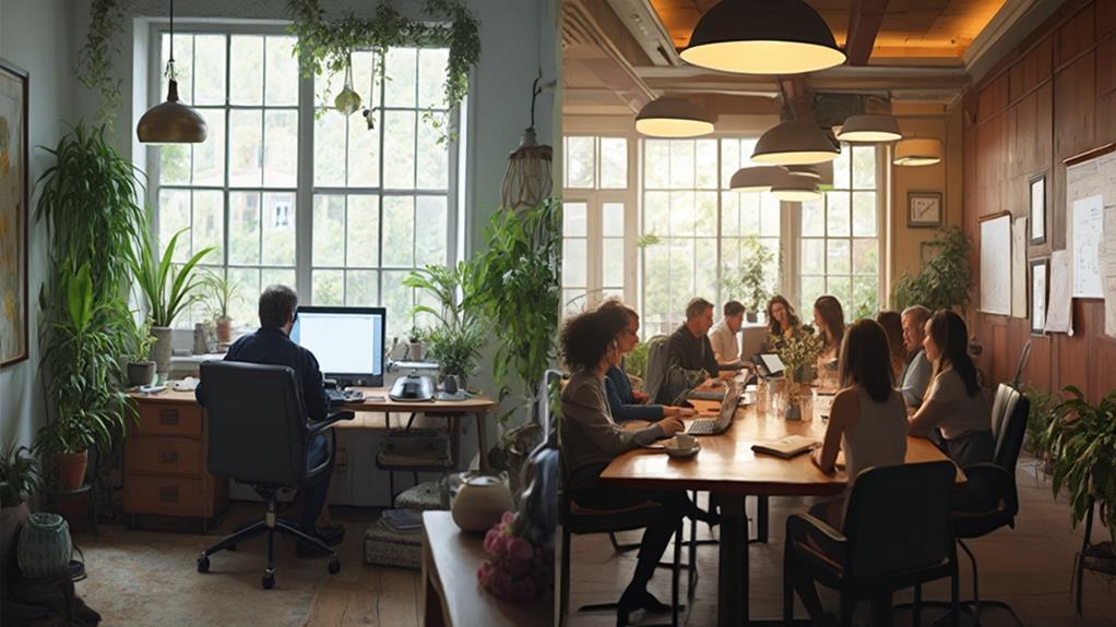A split-screen image showing one side with a cozy home office, complete with plants and a laptop, and the other side featuring a vibrant, collaborative office environment with colleagues discussing around a large table.