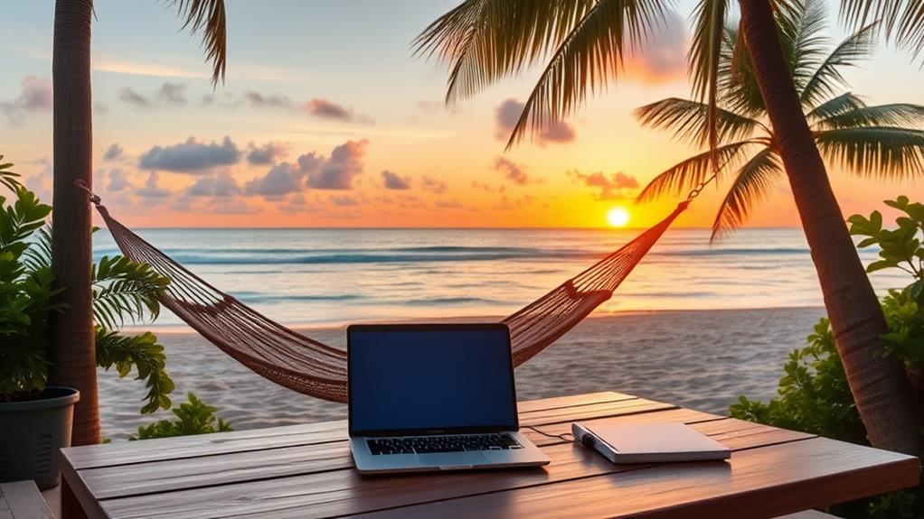 remote working on the beach